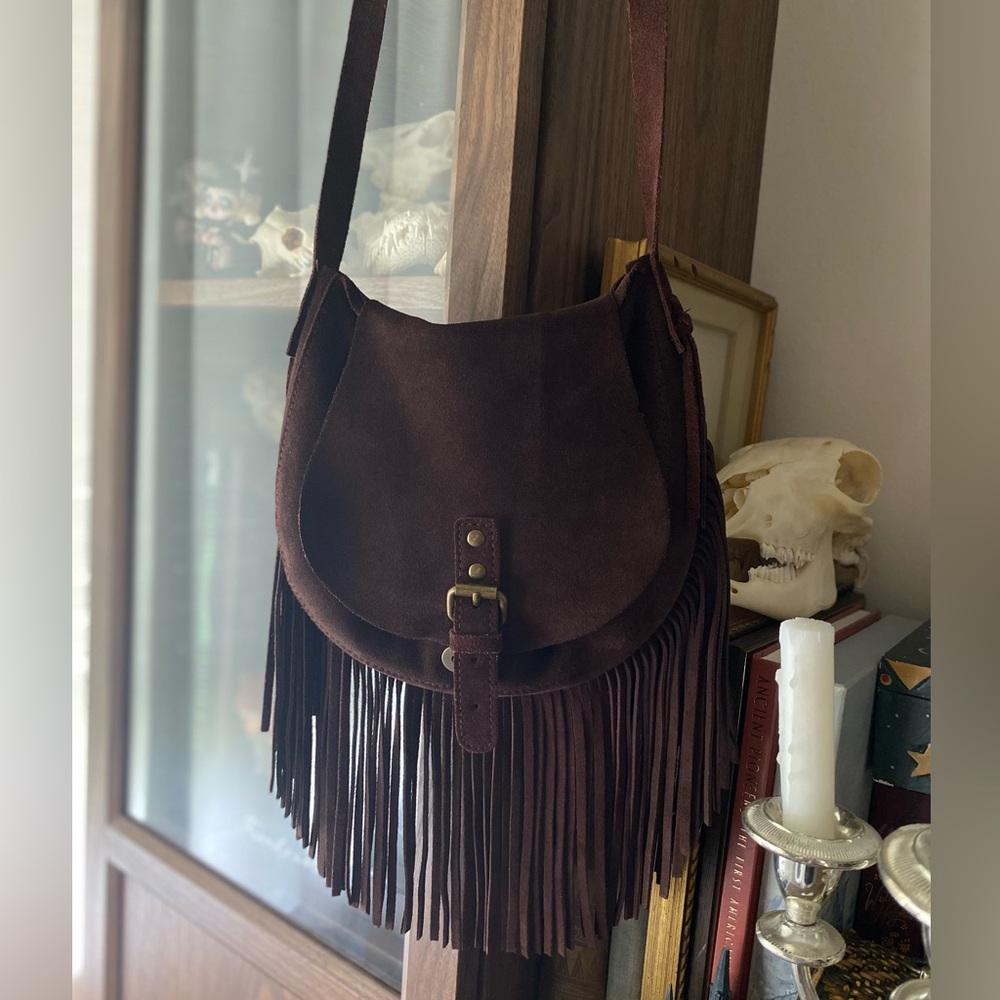 Bethany Mota Brown Suede Fringe Crossbody Bag Boho Festival Purse Leather
